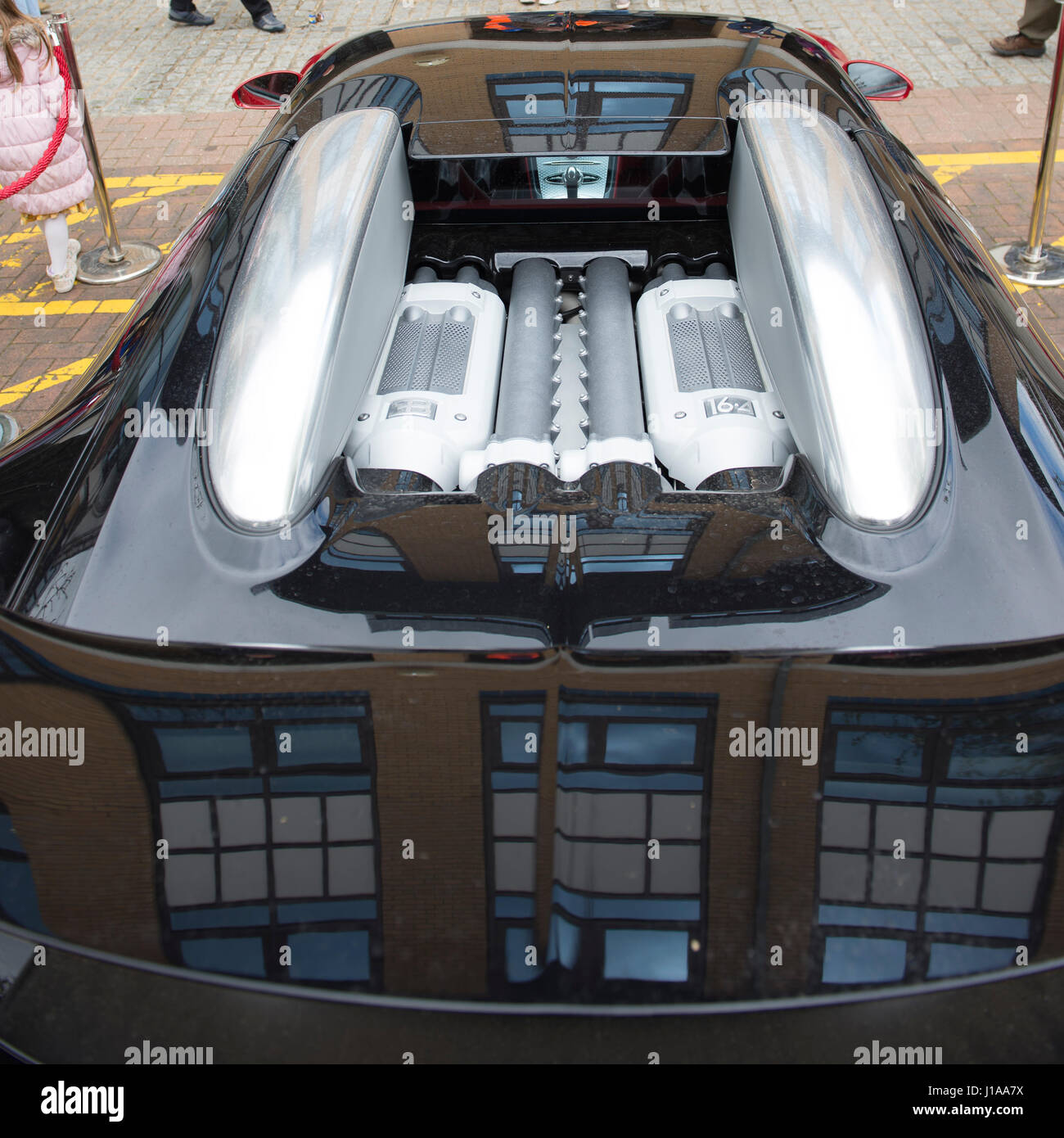 The engine compartment of the £1.3M Bugatti Veyron hypercar with the W16 configuration Stock Photo