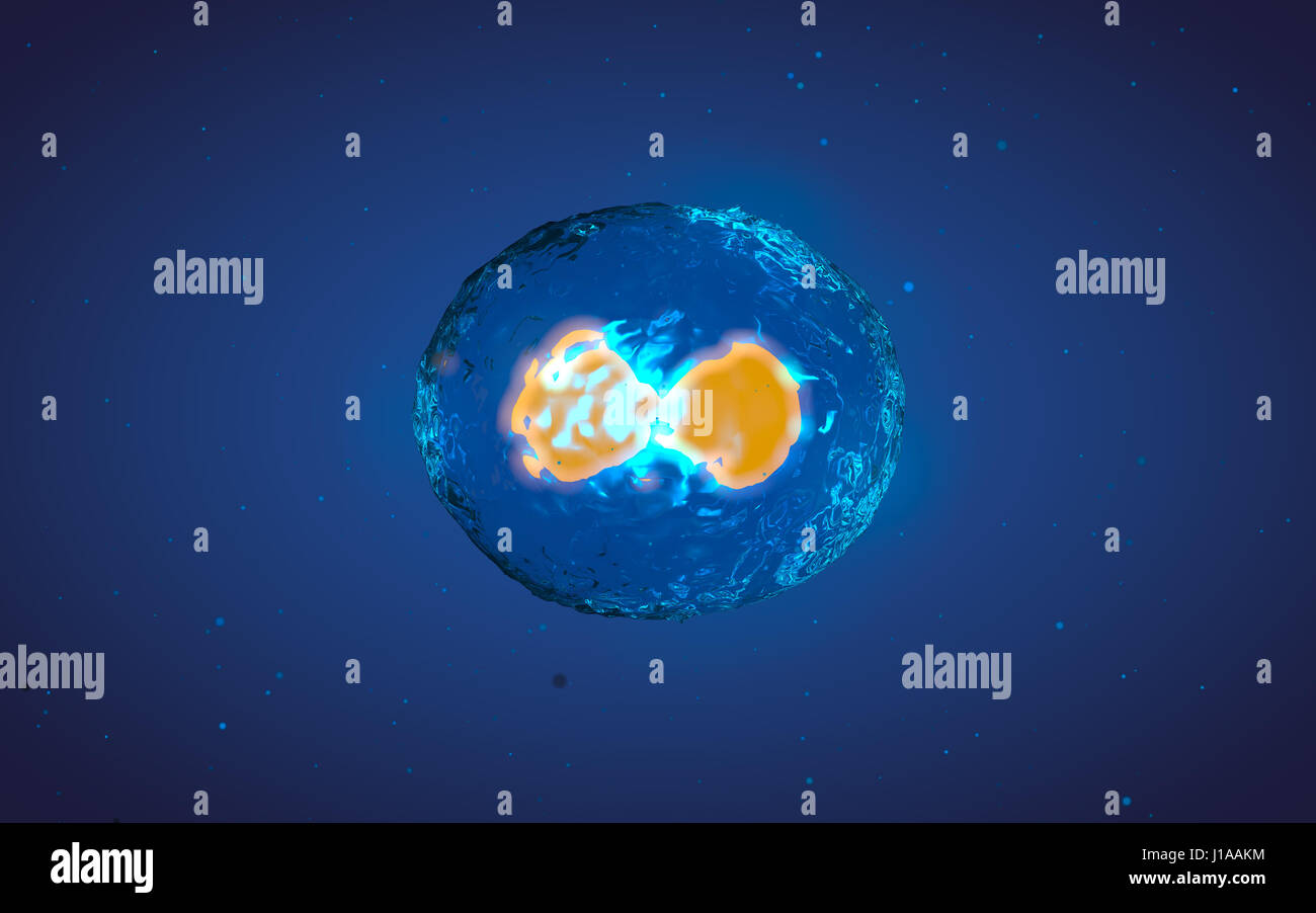 Abstract medical 3D illustration of a cell division process. Yellow ...