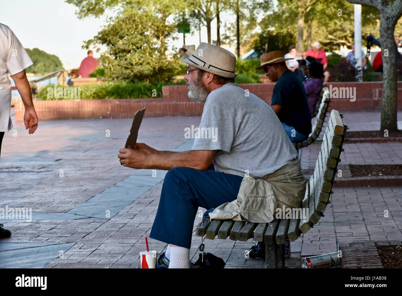 Homeless veteran holding sign Stock Photo