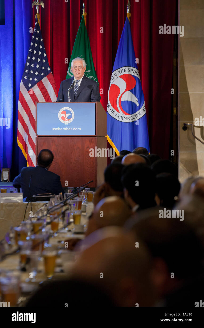 Washington, USA. 19th April, 2017.  US Secretary of State, Rex Tillerson, speaks at the US-Saudi Arabia CEO Summit. Credit: B Christopher/Alamy Live News Stock Photo