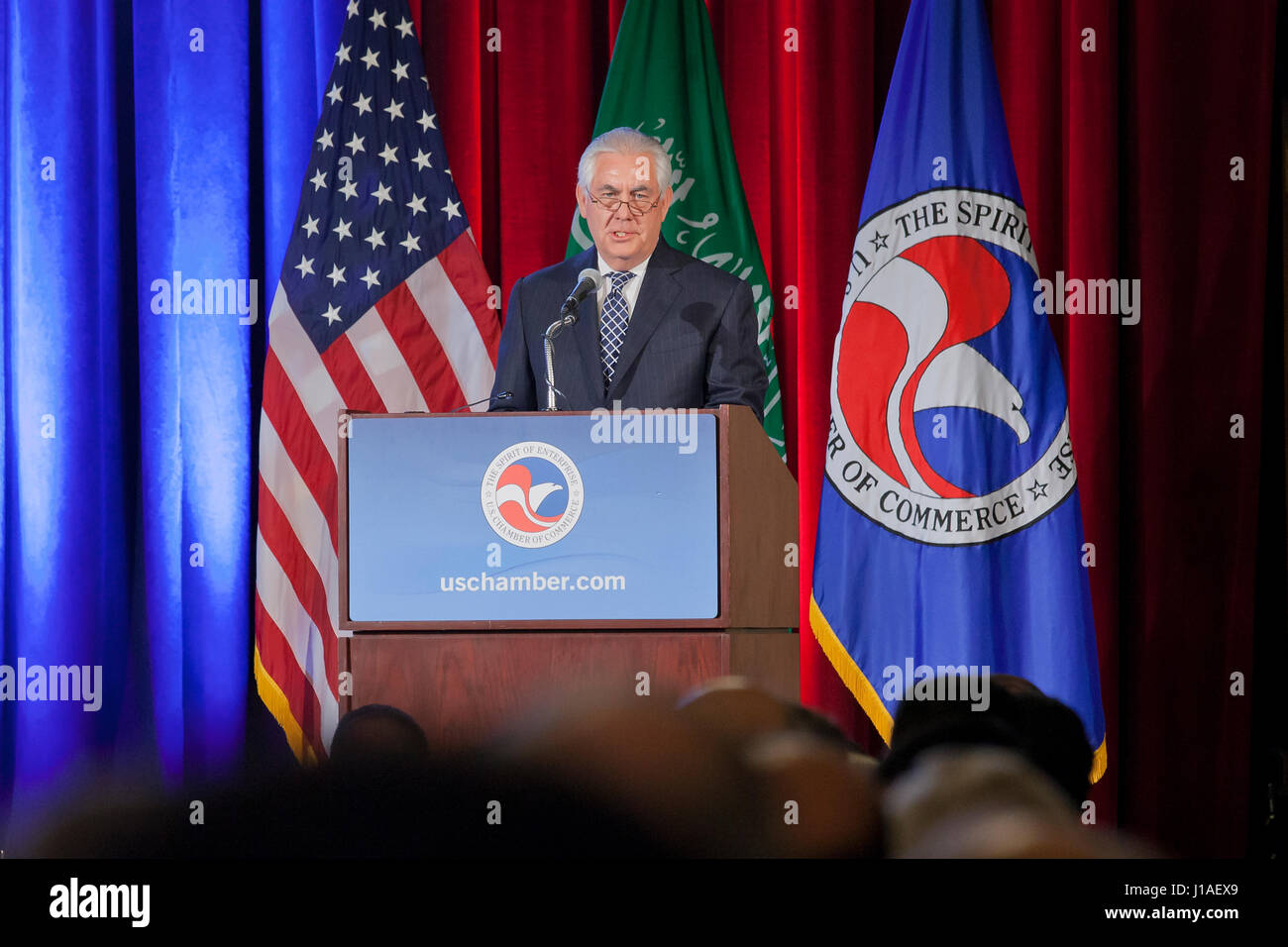 Washington, USA. 19th April, 2017.  US Secretary of State, Rex Tillerson, speaks at the US-Saudi Arabia CEO Summit. Credit: B Christopher/Alamy Live News Stock Photo
