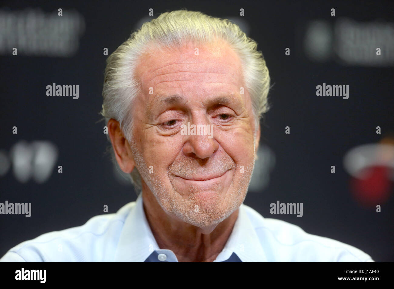 Miami, FL, USA. 19th Apr, 2017. Miami Heat president Pat Riley holds his end-of-season press conference where he discussed a variety of topics including his disappointment that the team did not make the playoffs, the team's plans for the future, and his own plans moving forward. Mike Stocker, South Florida Sun-Sentinel Credit: Sun-Sentinel/ZUMA Wire/Alamy Live News Stock Photo