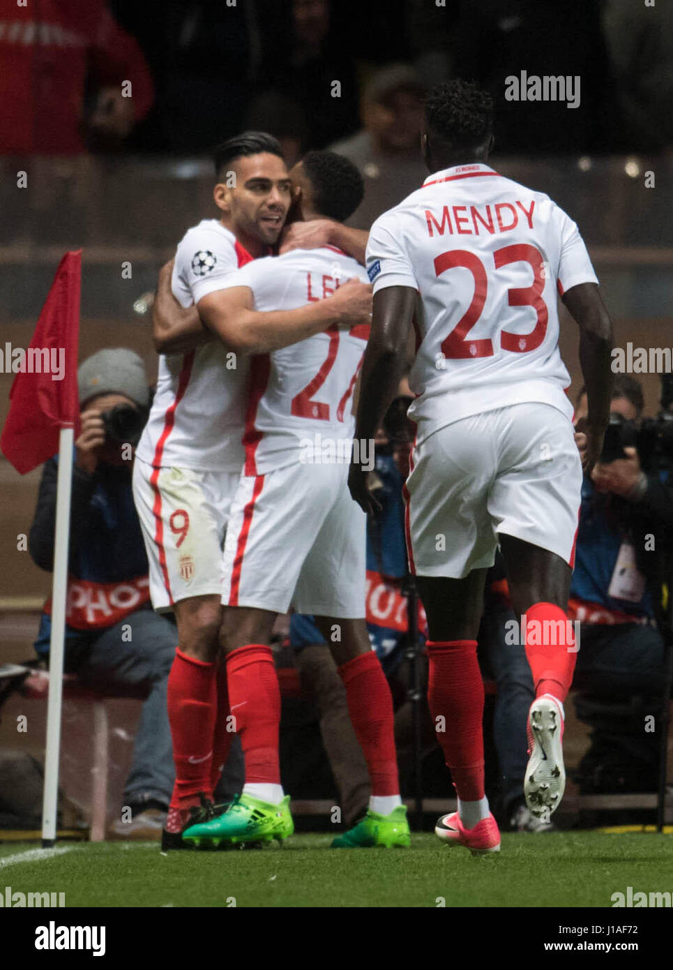 Monaco, Monaco. 19th Apr, 2017. AS Monaco's Radamel Falcao (L) celebrates with Thomas Lemar (R) and Benjamin Mendy after scoring the goal bringing the score to 2:0 during the UEFA Champions League quarter final 2nd-leg soccer match between AS Monaco and Borussia Dortmund in the Stade Louis II in Monaco, 19 April 2017. Photo: Bernd Thissen/dpa/Alamy Live News Stock Photo