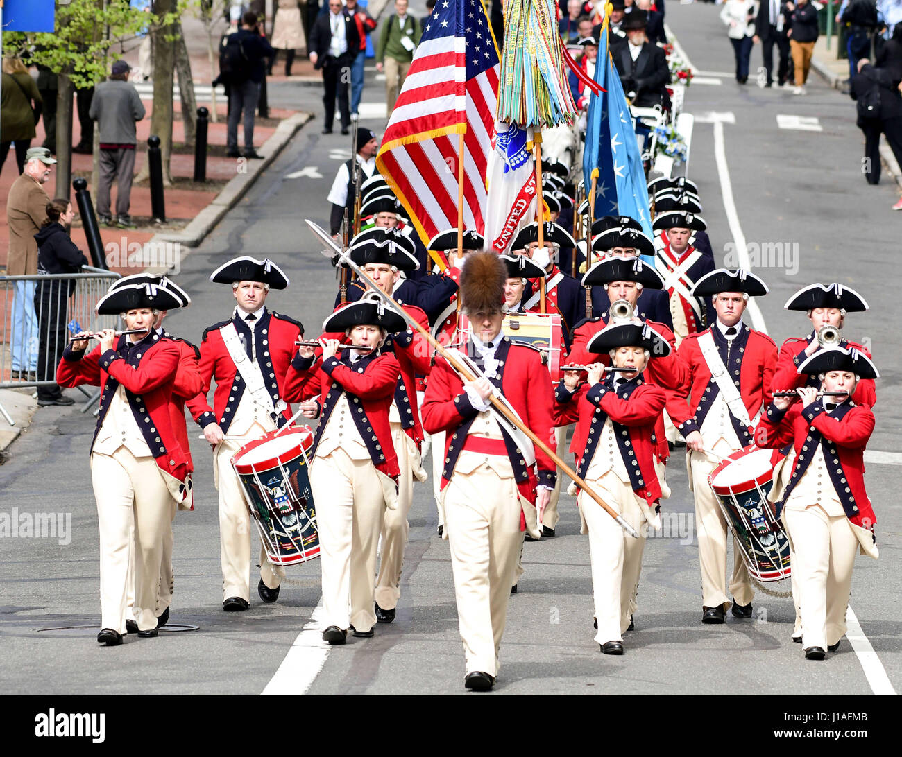 Philadelphia, Pennsylvania, USA. 19th Apr, 2017. The 3rd U.S. Infantry Regiment Fife and Drum Corps march down Chestnut street towards the Museum of the American Revolution on the grand opening day in Philadelphia Pa Credit: Ricky Fitchett/ZUMA Wire/Alamy Live News Stock Photo