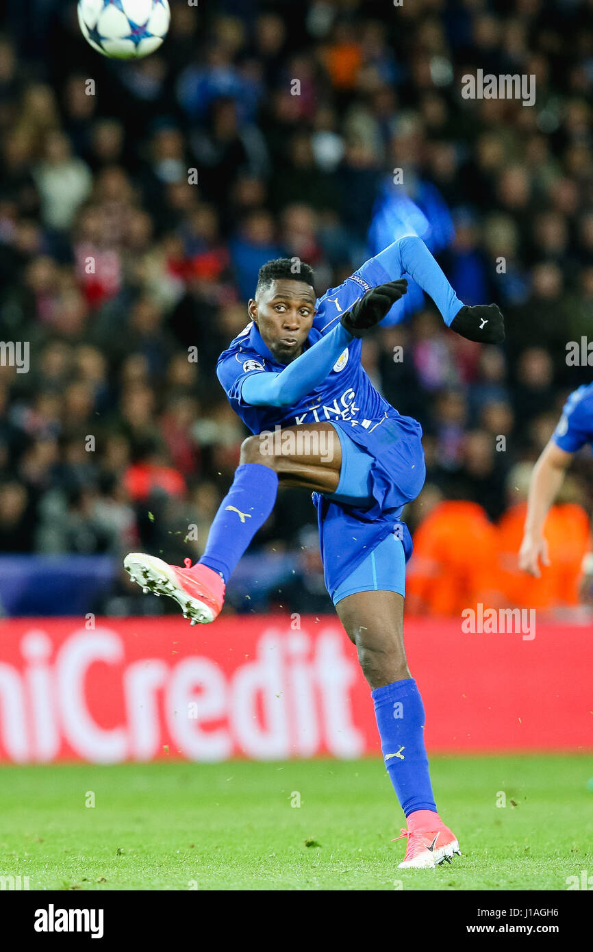 Leicester, UK. 18th Apr, 2017. Wilfred Ndidi (Leicester) Football/Soccer : Wilfred Ndidi of Leicester City takes a shot during the UEFA Champions League Quarter-final match between Leicester City and Atletico Madrid at King Power Stadium in Leicester, England . Credit: AFLO/Alamy Live News Stock Photo