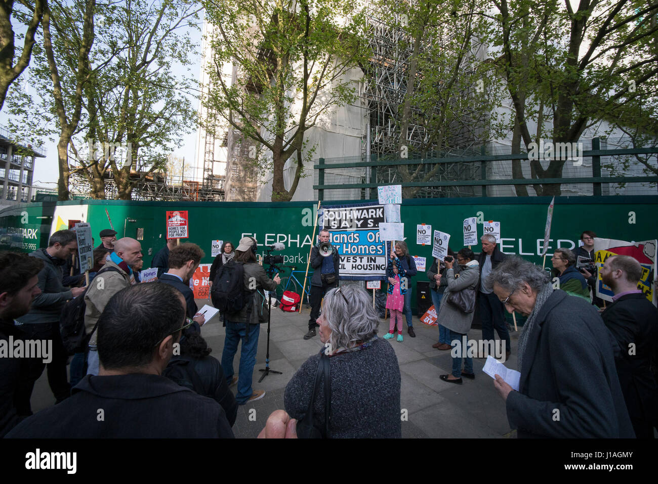 Elephant and Castle, London, UK. 19th Apr, 2017. Protestors gather at the former council estate at Elephant & Castle, which was demolished by developers who want to rebrand the site ‘Elephant Park’.  A new report by Transparency International, looking at the site, finds “the number of South Gardens units sold abroad is 51 out of 51 properties, as per Land Registry documents”. Credit: Mike Kear/Alamy Live News Stock Photo