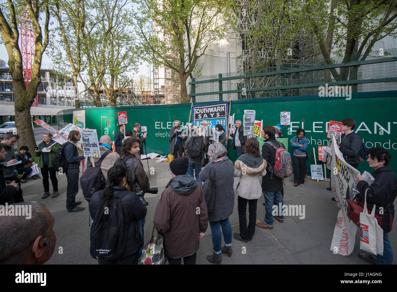 Elephant and Castle, London, UK. 19th Apr, 2017. Protestors gather at the former council estate at Elephant & Castle, which was demolished by developers who want to rebrand the site ‘Elephant Park’.  A new report by Transparency International, looking at the site, finds “the number of South Gardens units sold abroad is 51 out of 51 properties, as per Land Registry documents”. Credit: Mike Kear/Alamy Live News Stock Photo