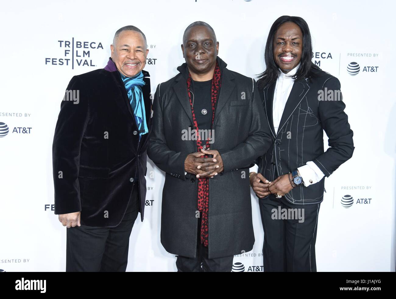 New York, NY, USA. 19th Apr, 2017. Earth Wind and Fire, Ralph Johnson, Philip Bailey, Verdine White at arrivals for CLIVE DAVIS: THE SOUNDTRACK OF OUR LIVES Opening Night Premiere at the 2017 Tribeca Film Festival, Radio City Music Hall, New York, NY April 19, 2017. Credit: Derek Storm/Everett Collection/Alamy Live News Stock Photo