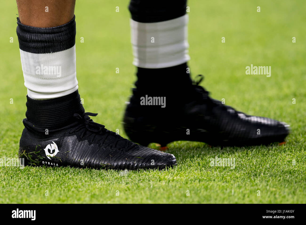 Turin, Italy. 11th Apr, 2017. Paulo Dybala (Juventus) Football/Soccer : The  detail shot of the boots of Paulo Dybala of Juventus before the UEFA  Champions League Quarter-finals 1st leg match between Juventus