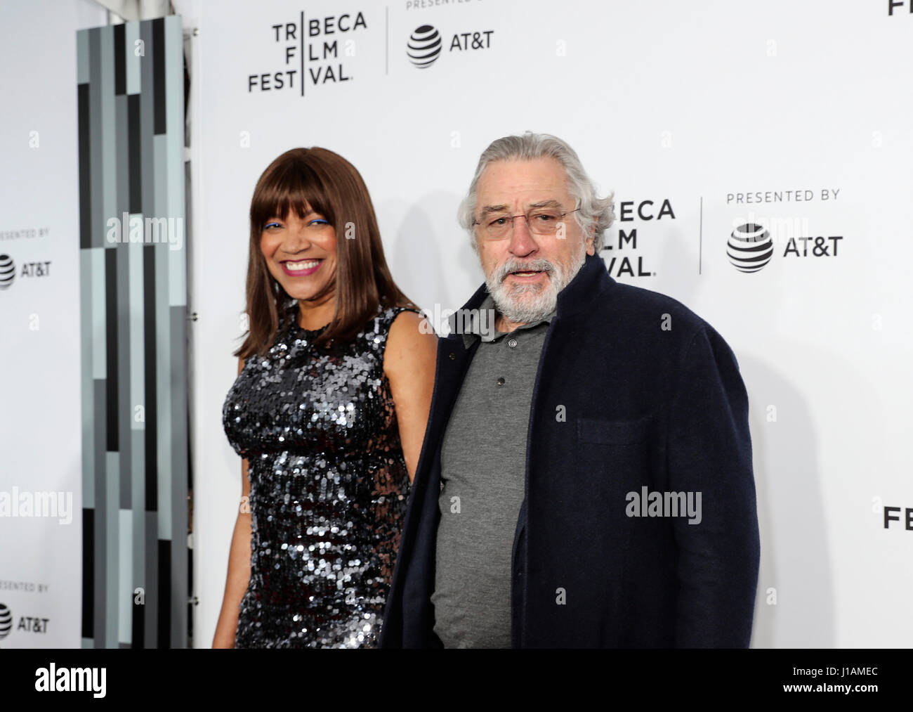 New York, USA. 19th Apr, 2017. Actor Robert De Niro and his wife Grace Hightower attend the opening night of the 2017 Tribeca Film Festival and the world premiere of 'Clive Davis: The Soundtrack of Our Lives' in New York, the United States, April 19, 2017. The 16th annual Tribeca Film Festival opened here Wednesday night, bringing a trove of films, TV events, virtual reality installations and music pieces to New York. Credit: Wang Ying/Xinhua/Alamy Live News Stock Photo