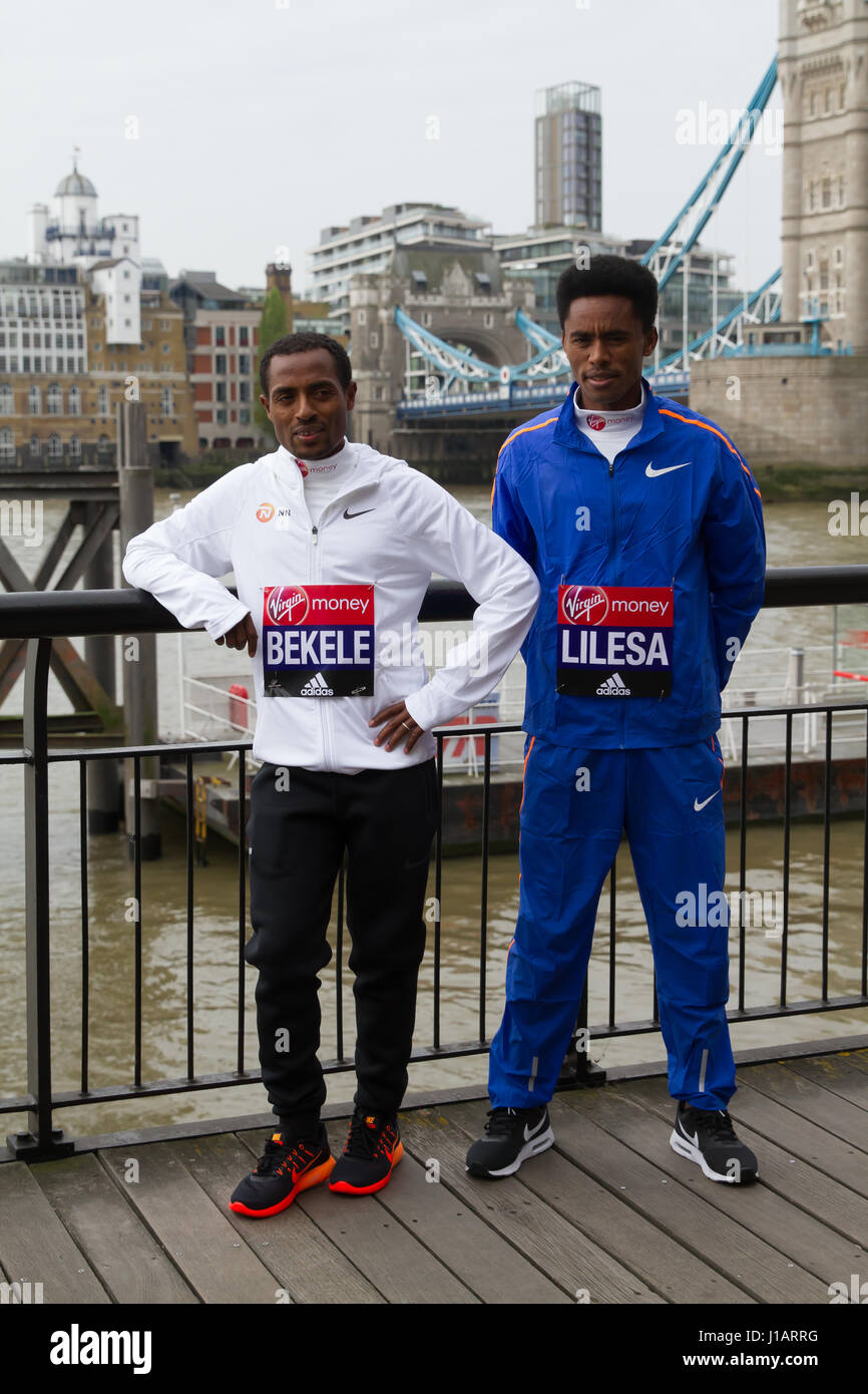 Tower Bridge Uk 20th Apr 2017 Virgin Money London Marathon Elite - tower bridge uk 20th apr 2017 virgin money london marathon elite men kenenisa bekele ethiopia and feyisa lilesa ethiopia attend a photocall by tower