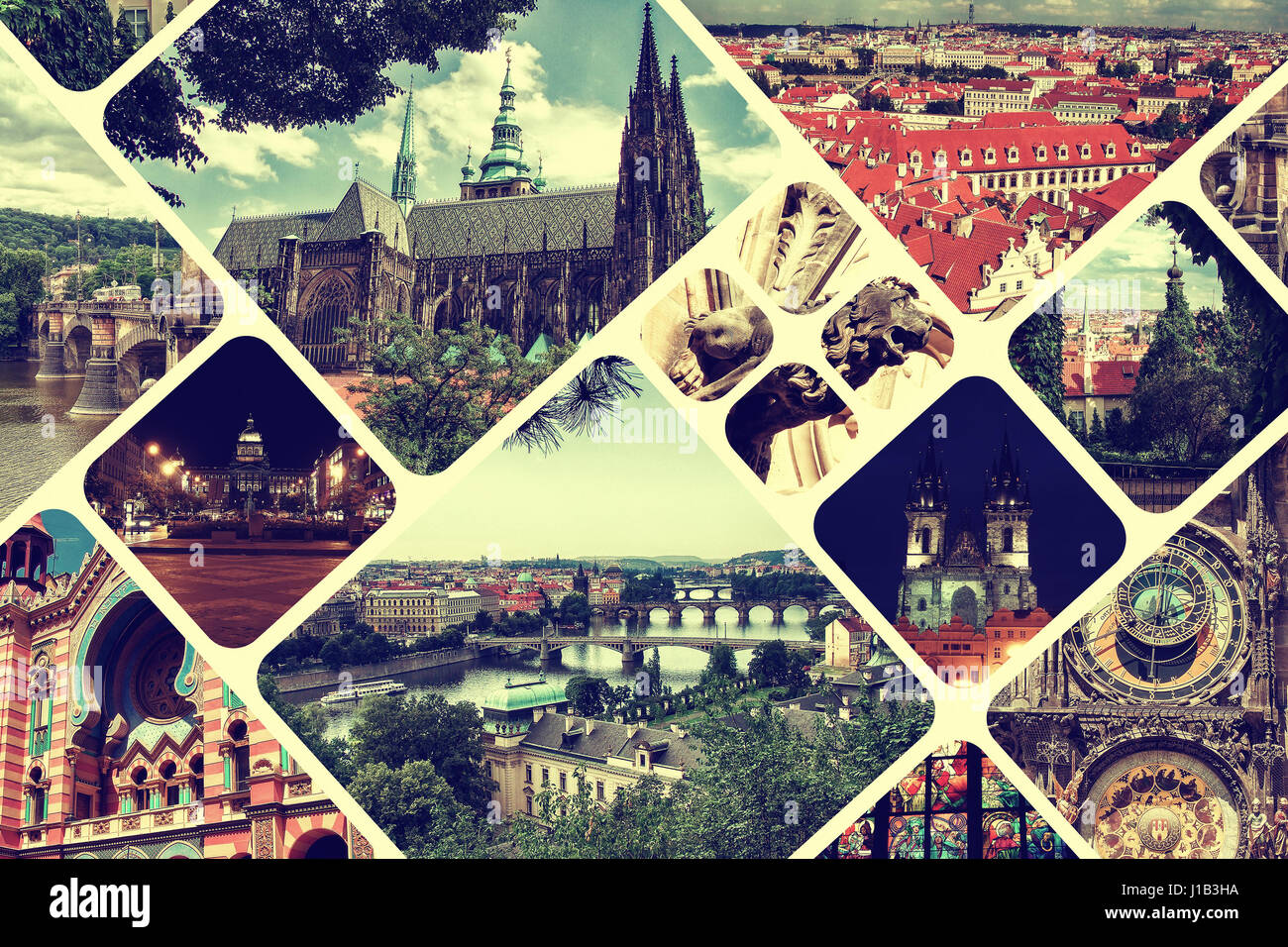 Collage of landmarks of Prague in Czech Republic. Travel background. Vintage toned Stock Photo