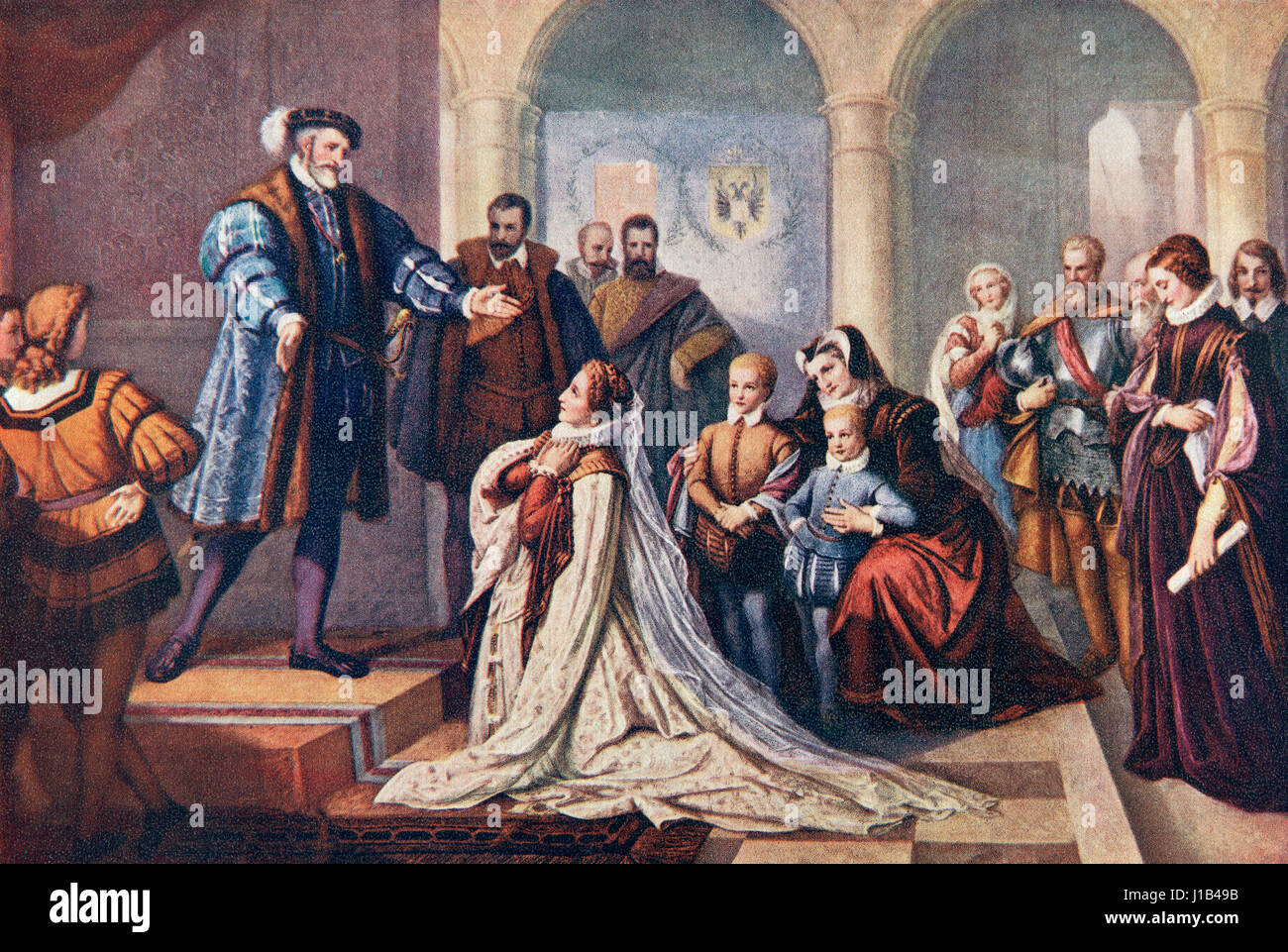 Philippine Welser at the court of Emperor Ferdinand at Innsbruck in 1559. Here he finally recognised her secret marriage to his son which had taken place in 1557.  Philippine Welser,1527 – 1580.  Morganatic wife of Ferdinand II, Archduke of Austria. From Hutchinson's History of the Nations, published 1915 Stock Photo