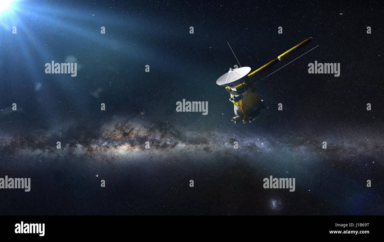 spacecraft Cassini in front of the Milky Way galaxy (3d illustration, elements of this image are furnished by NASA) Stock Photo