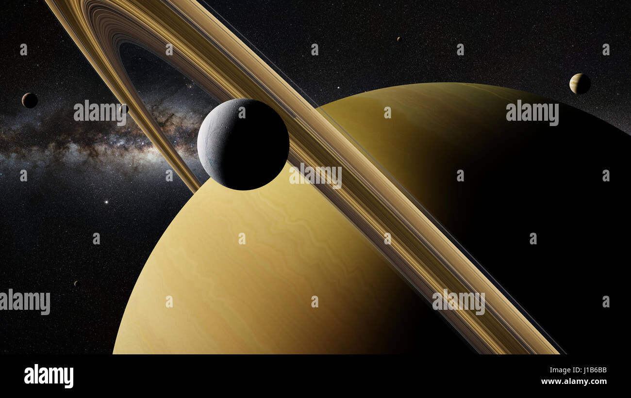 Saturn moon Enceladus in front of planet Saturn, rings, other moons and the Milky Way galaxy (3d illustration, elements of this image are furnished by Stock Photo