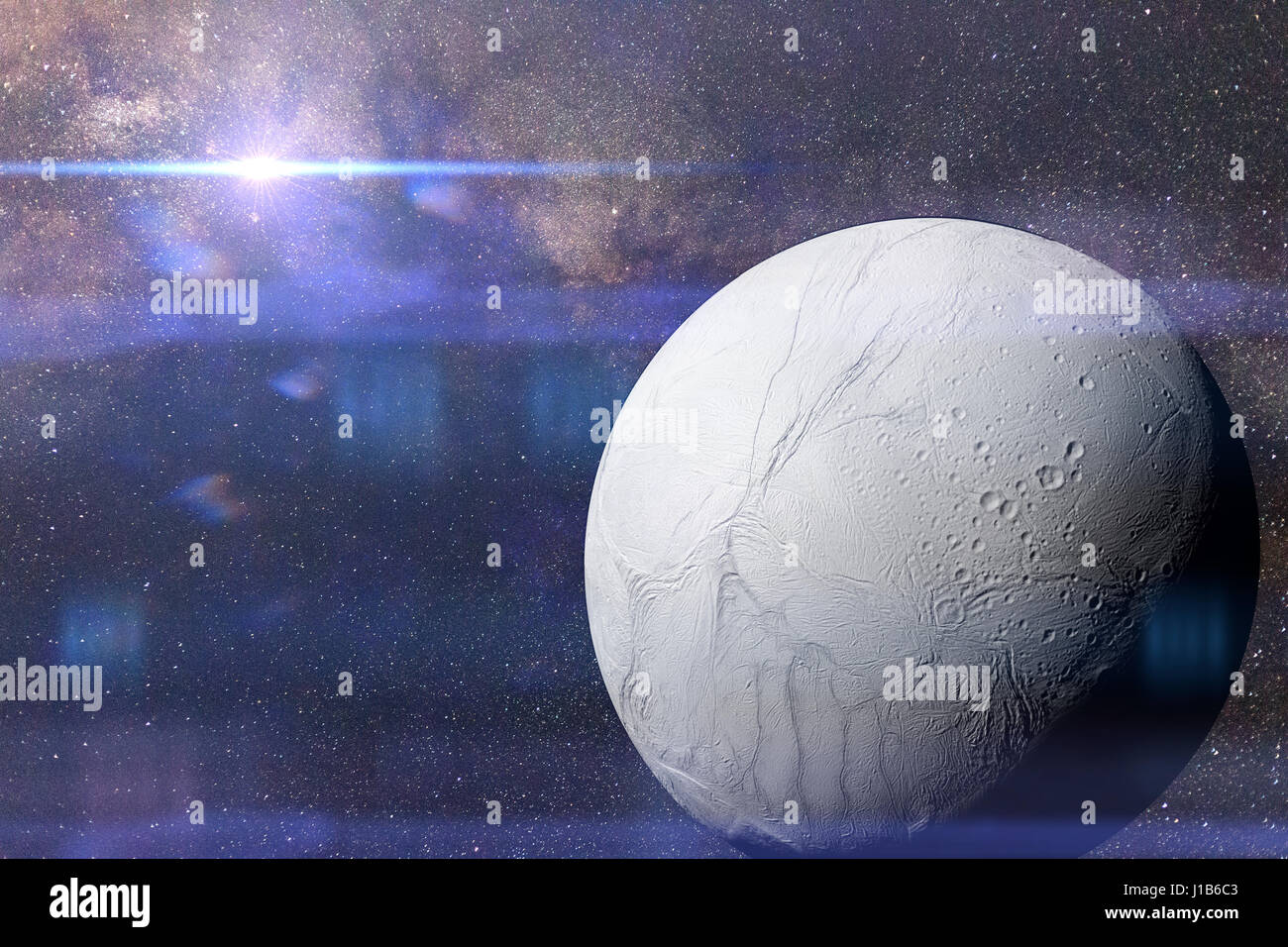 Enceladus, moon of planet Saturn in front of the Milky Way galaxy and the bright Sun (3d illustration, elements of this image are furnished by NASA) Stock Photo