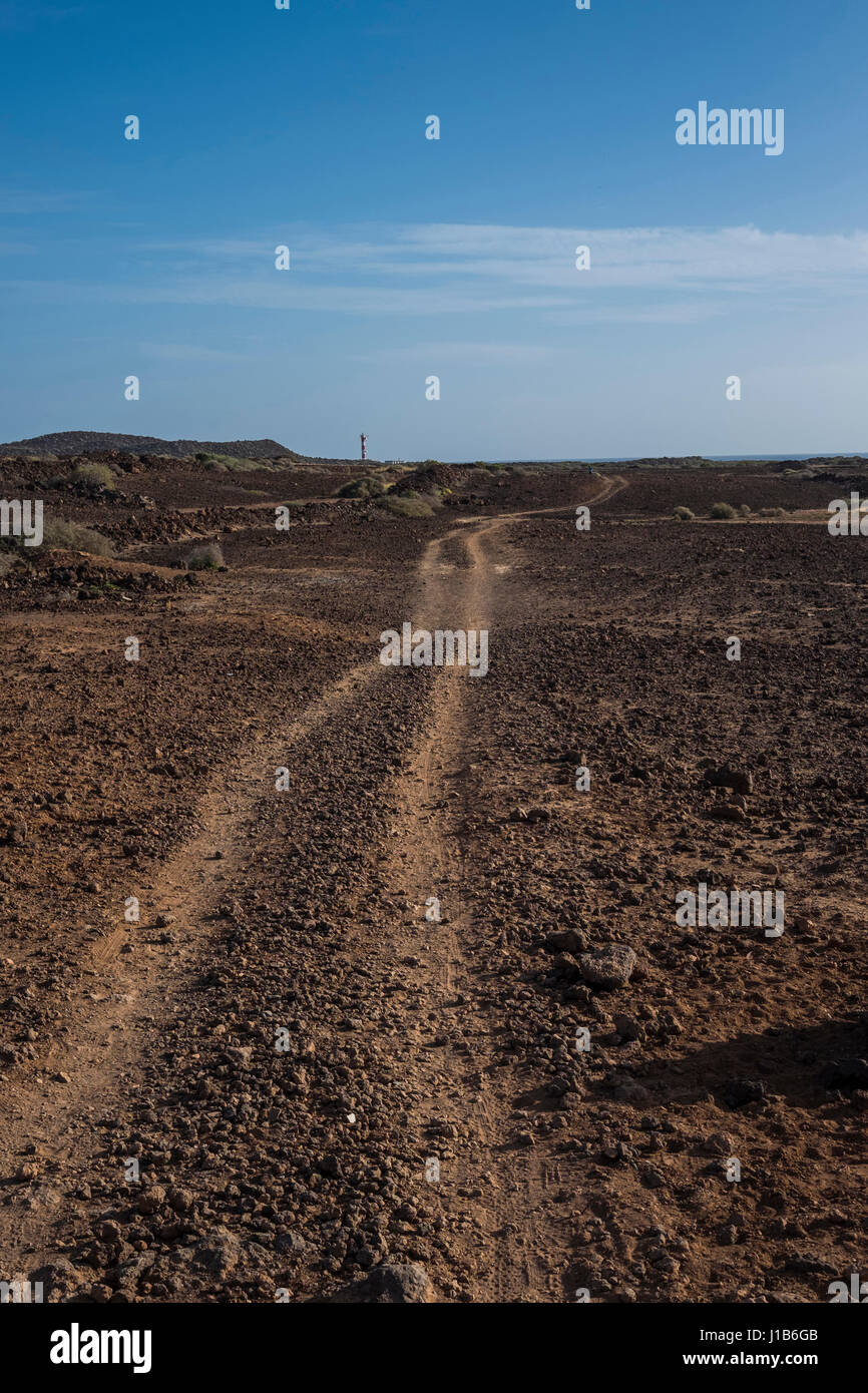 Distant winding tracks in dirt field Stock Photo