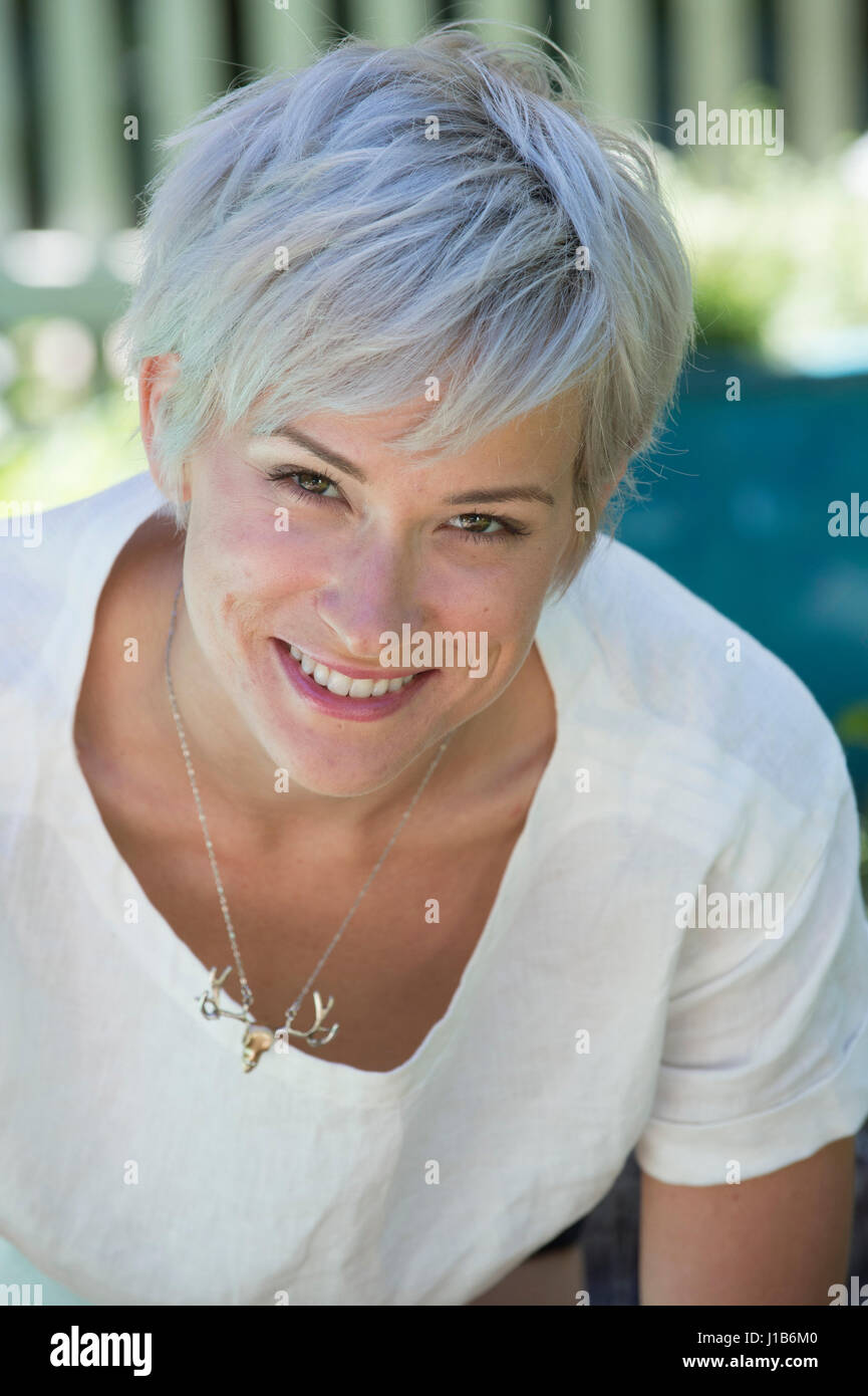 Portrait of smiling Caucasian woman Stock Photo