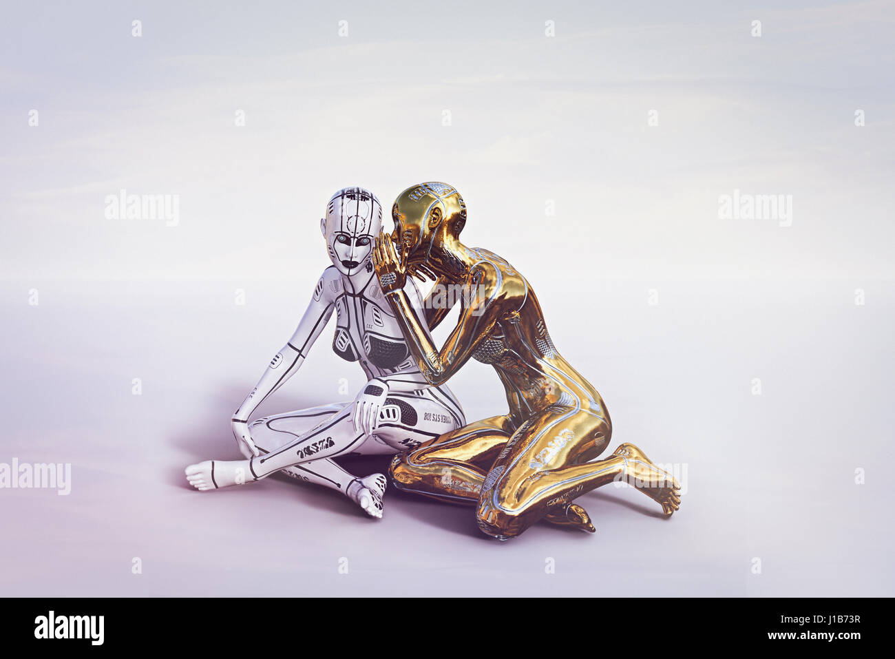 Gold female cyborg sitting and whispering to white cyborg Stock Photo