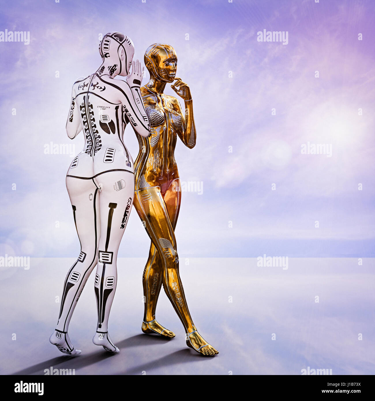 White female cyborg standing and whispering to gold cyborg Stock Photo
