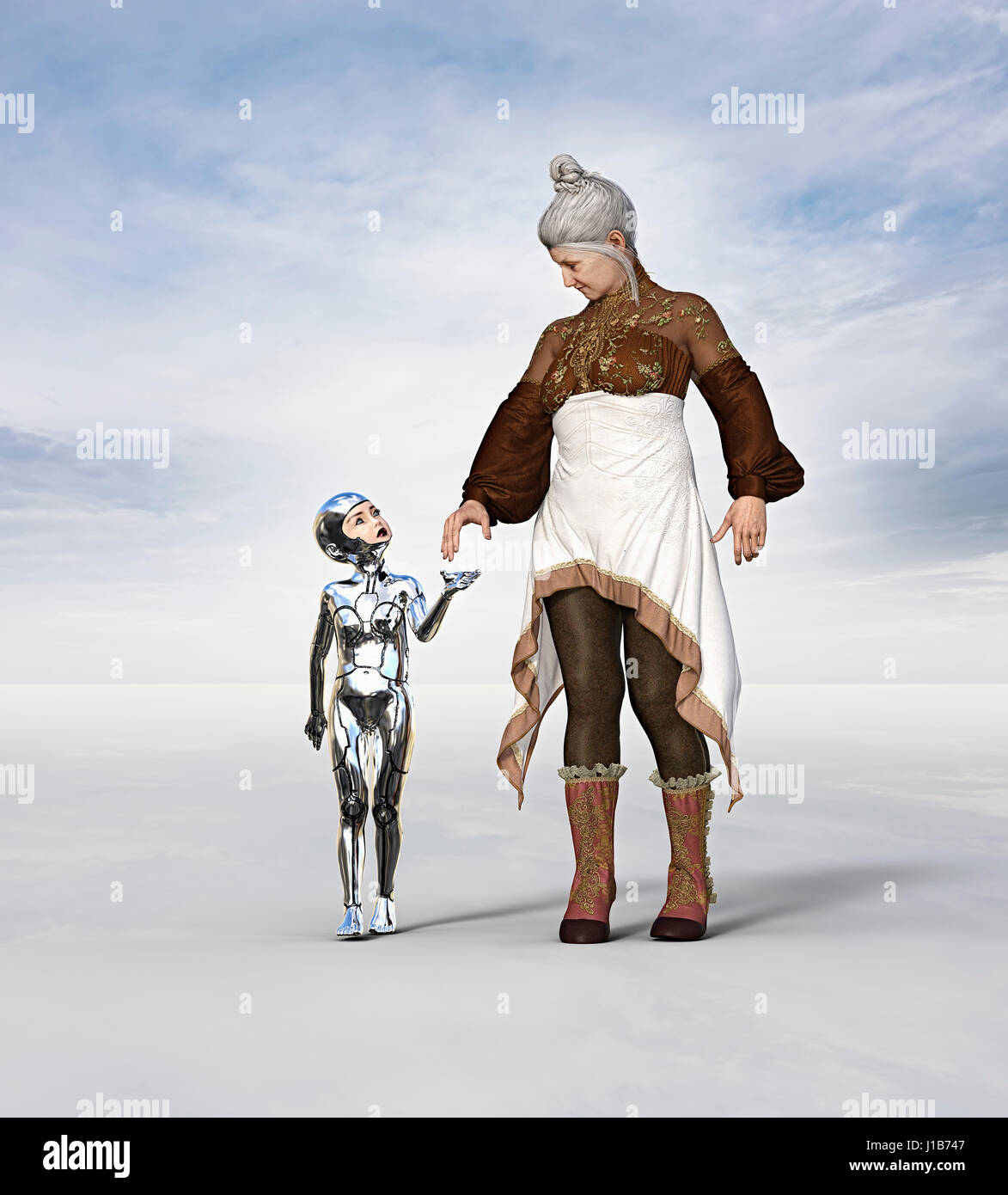 Older woman walking with female girl cyborg Stock Photo