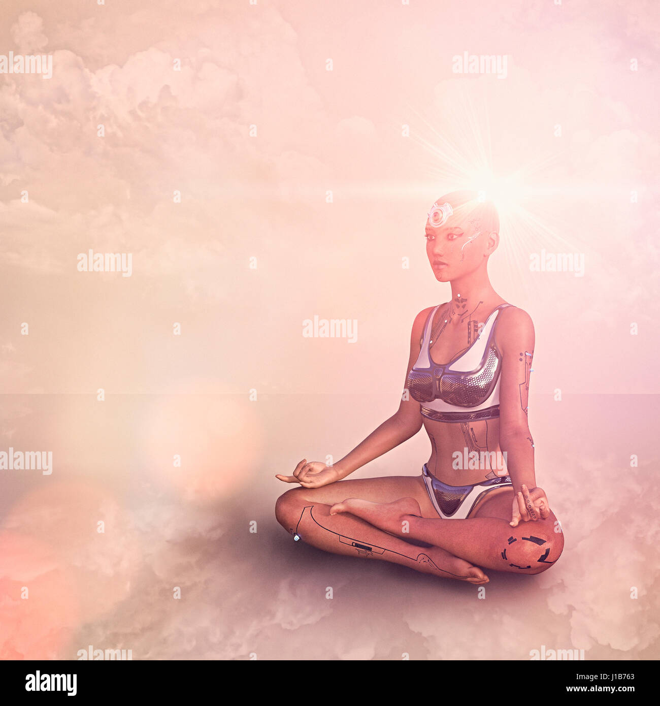 Female cyborg meditating Stock Photo