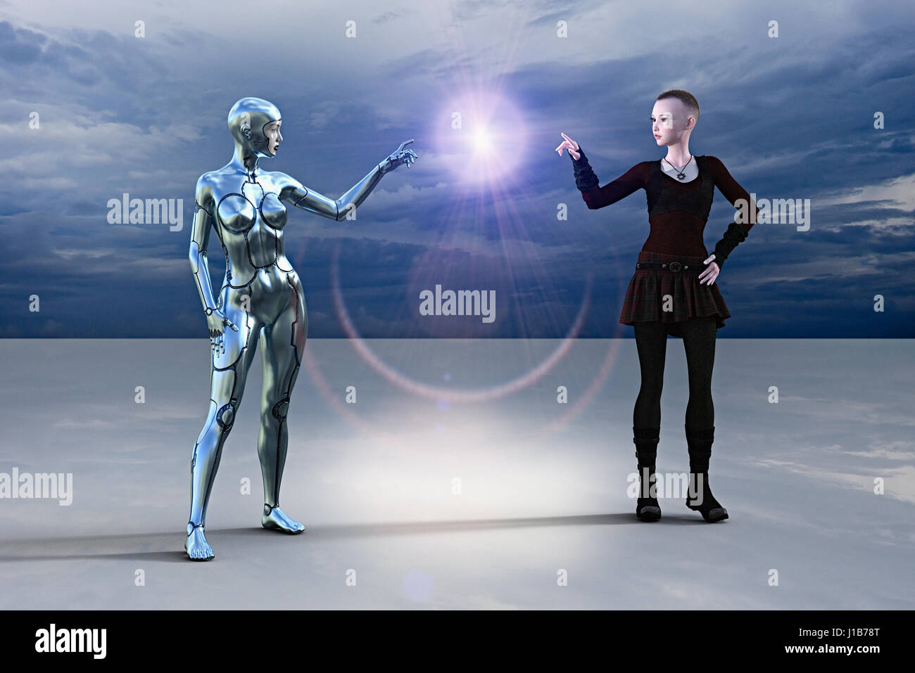 Silver female cyborg and woman pointing at glowing light Stock Photo