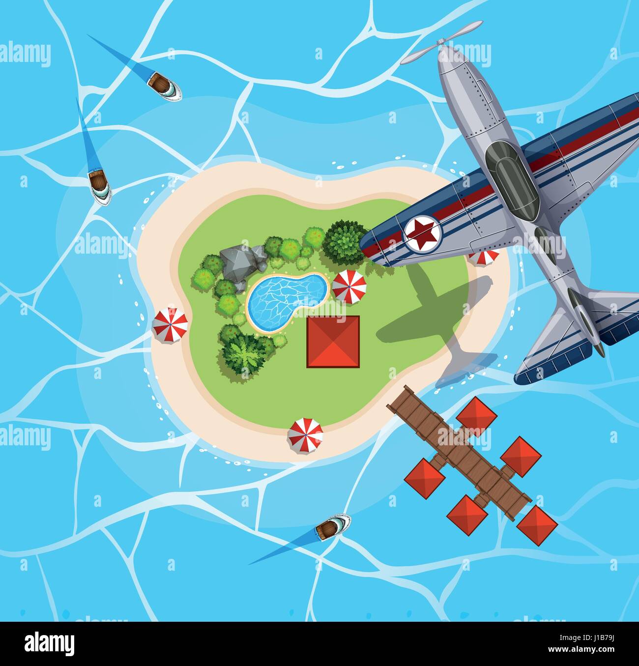 Top view of airplane flying over island illustration stock vector image