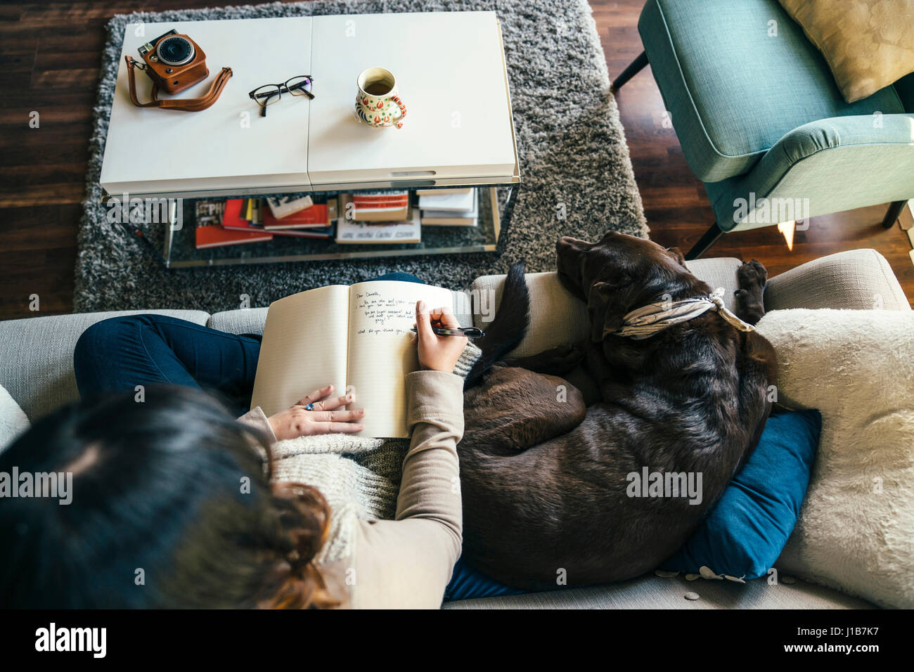 Mixed Race woman on sofa with dog writing in journal Stock Photo
