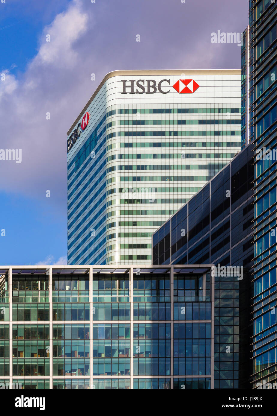 Logo or sign for HSBC Bank on side of their headquarters office building in Canary Wharf, Docklands, London, England Stock Photo