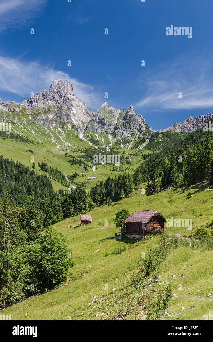 On Green Alpine Meadows Stands A Wooden Cabin In The Foreground