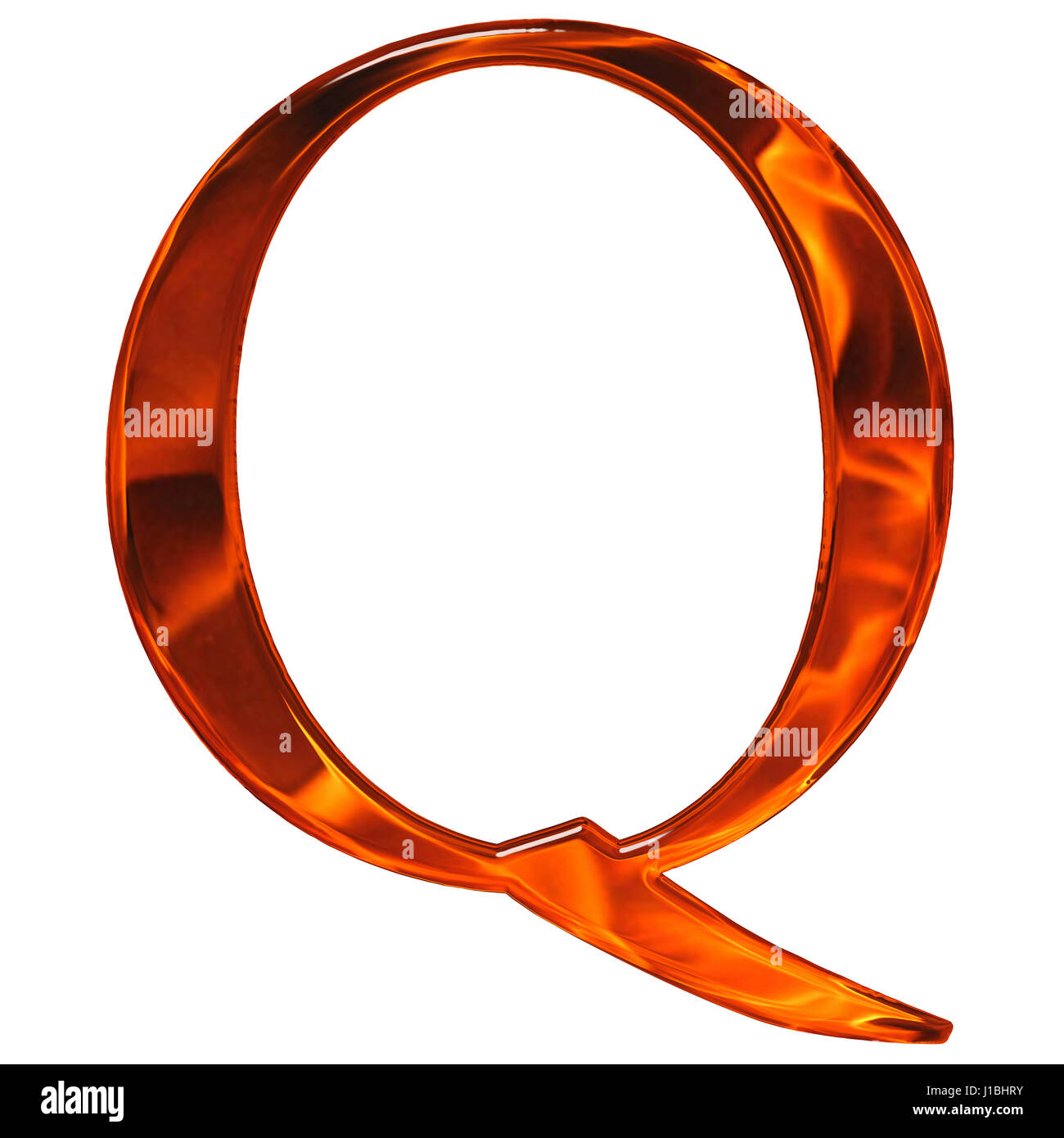 Uppercase letter Q - the extruded of glass with pattern flame, isolated on white background Stock Photo