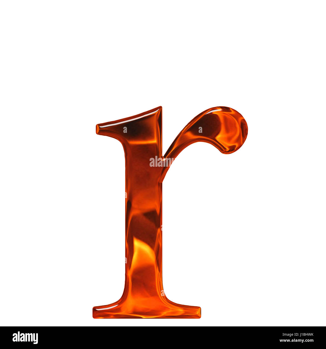 Lowercase letter r - the extruded of glass with pattern flame, isolated on white background Stock Photo