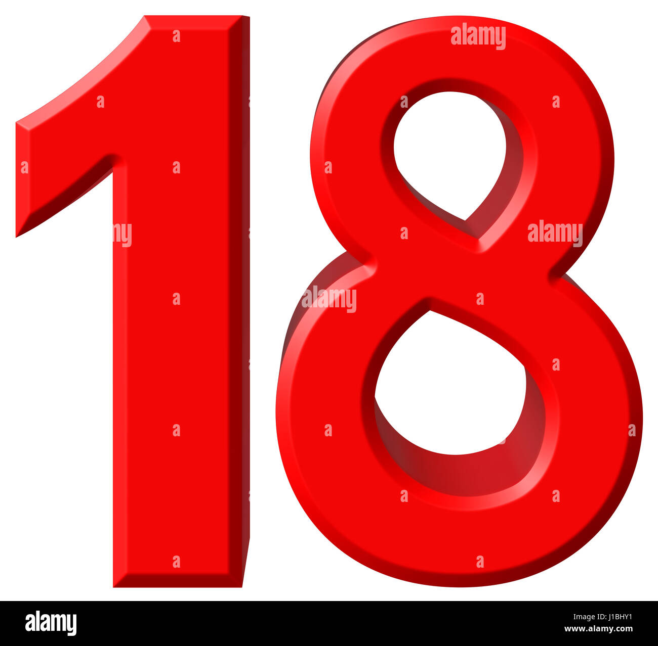 Numeral 18, eighteen, isolated on white background, 3d render