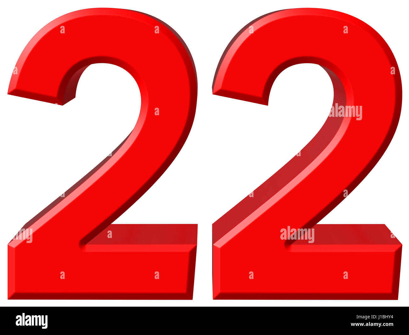 Numeral 22, twenty two, isolated on white background, 3d render