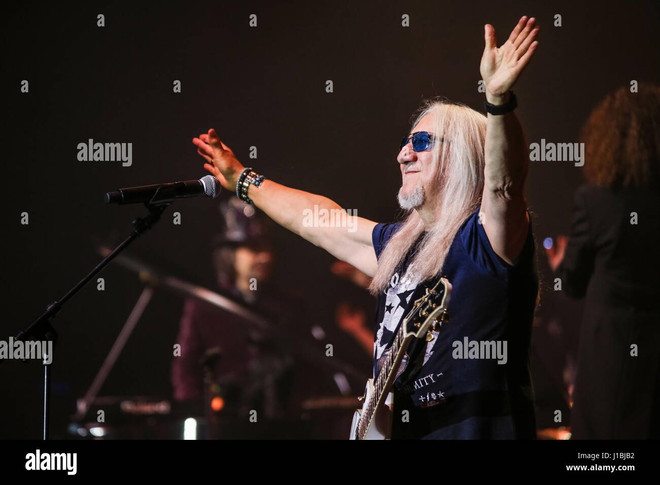 Wetzlar, Germany, 13th April, 2017. Mick Box, guitarist of british hard rock band Uriah Heep, performs at Rock meets Classic 2017, concert show with rock legends as soloists, accompanied by Mat Sinner Band and Bohemian Symphony Orchestra Prague. Venue: Rittal-Arena, Wetzlar, Germany. Fotocredit: Christian Lademann Stock Photo