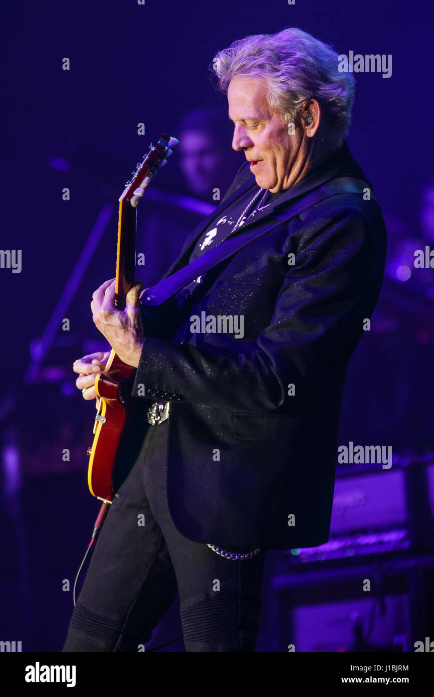 Wetzlar, Germany, 13th April, 2017. Don Felder, ex-guitarist of Californian country rock band Eagles performs at Rock meets Classic 2017, concert show with rock legends as soloists, accompanied by Mat Sinner Band and Bohemian Symphony Orchestra Prague. Venue: Rittal-Arena, Wetzlar, Germany. Fotocredit: Christian Lademann Stock Photo