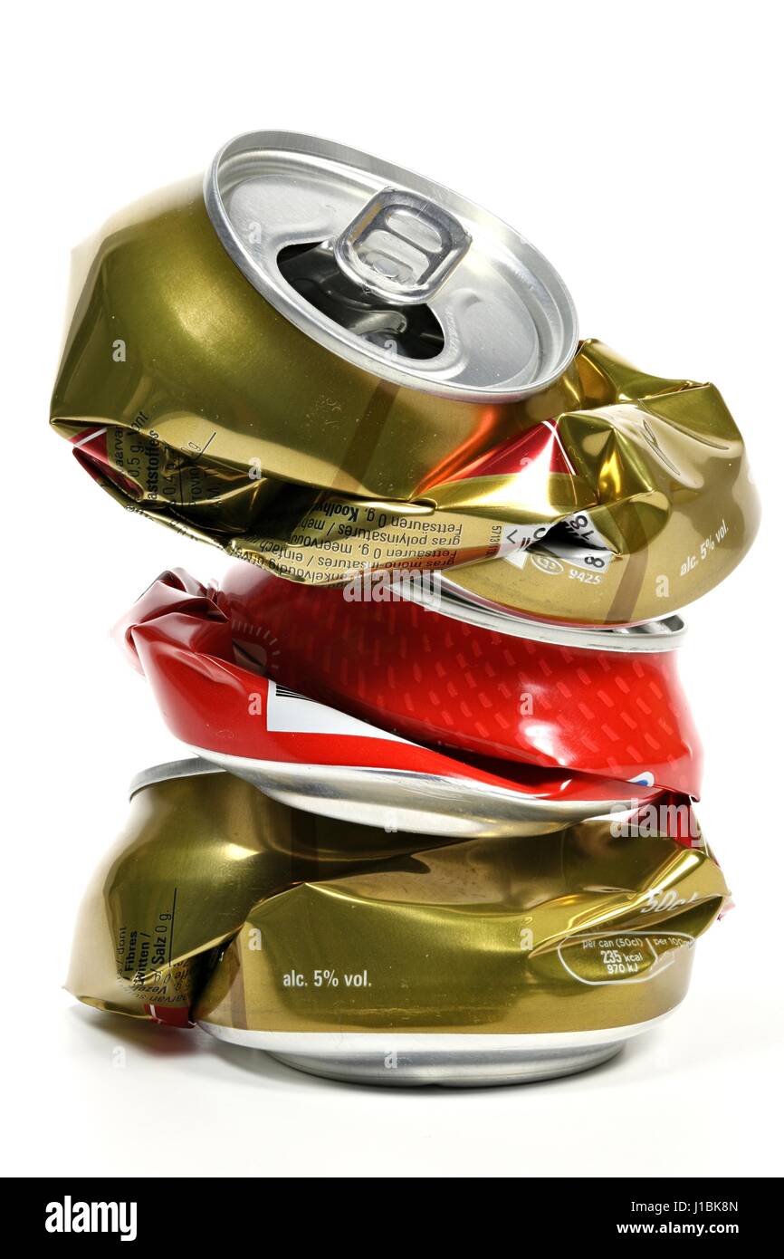 crushed beverage cans isolated on white background Stock Photo