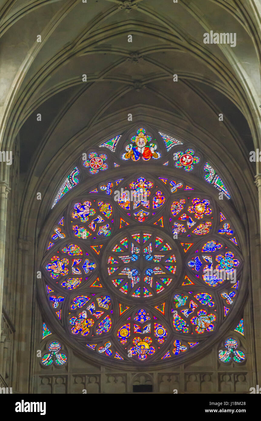 The new stained glass window, designed by Mucha, was installed in the north nave in 1931. Stock Photo