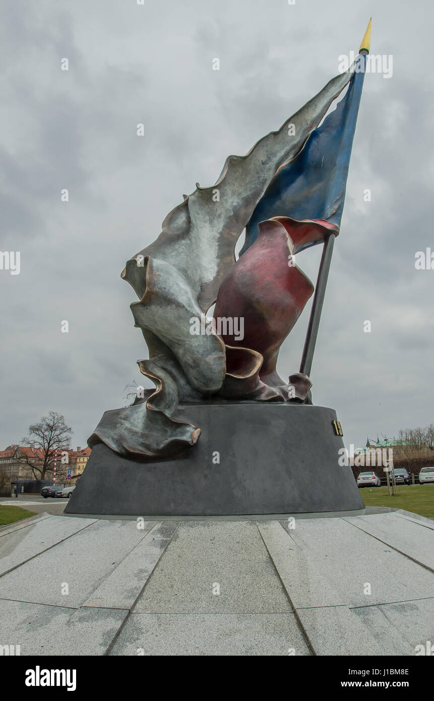 The Memorial of the Second Resistance Movement or Resistance Flag Monument in Prague, Czech Republic, is a monument of the Czech Republic flag. Stock Photo