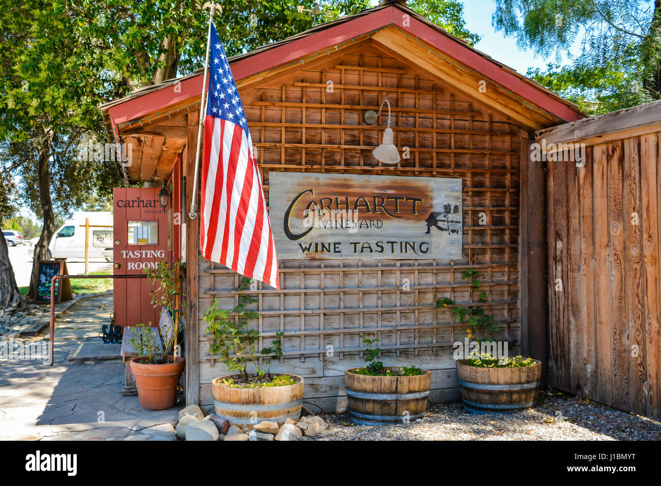 Entrance to the rustic Carhartt Vineyards' wine store & tasting room  in Los Olivos, CA, in the heart of the Santa Ynez Valley Wine county Stock Photo