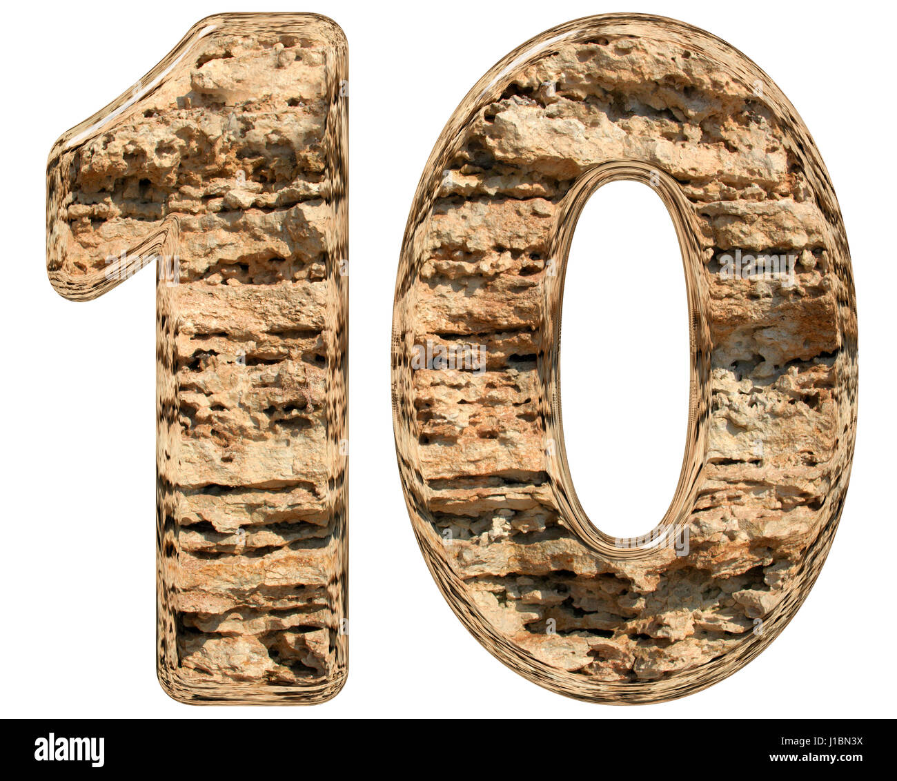 Numeral 10, ten, isolated on white, natural limestone, 3d illustration
