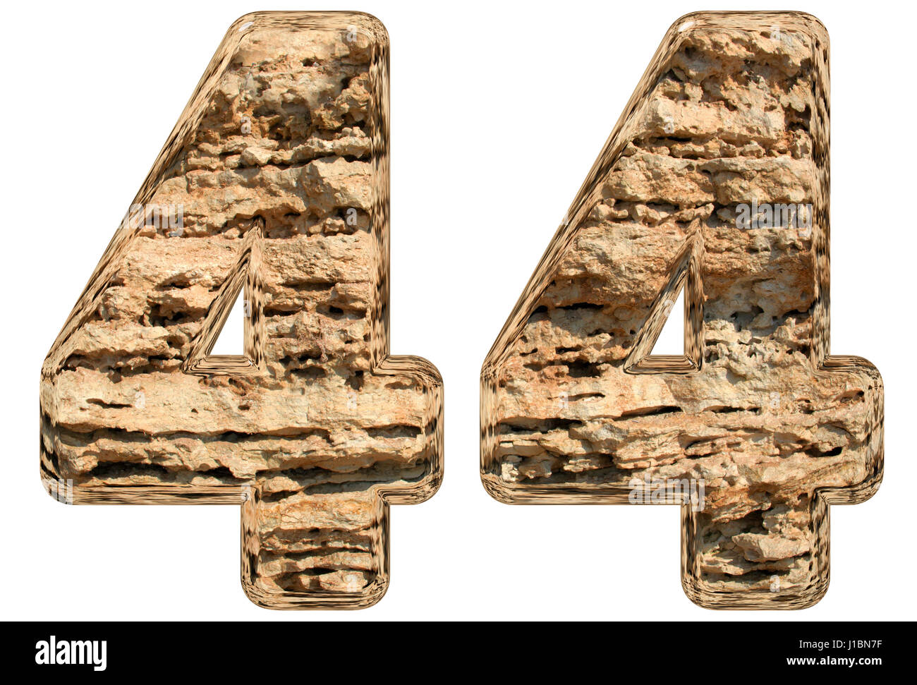 Numeral 44, forty four, isolated on white, natural limestone, 3d ...