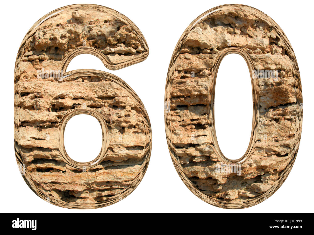 Numeral 60 sixty isolated on white natural limestone 3d