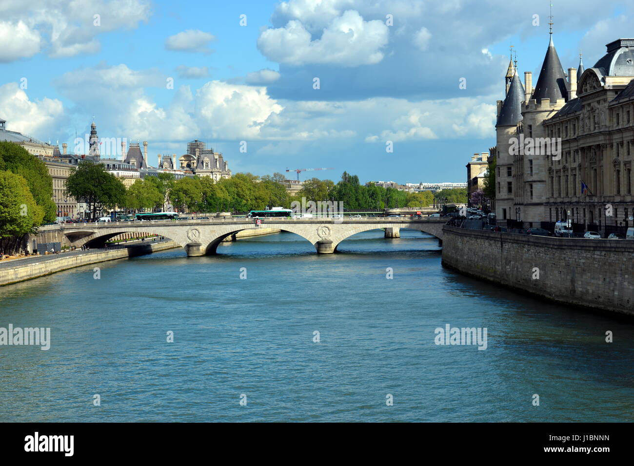 The river Seine in Paris France in a sunny day with boat Stock Photo