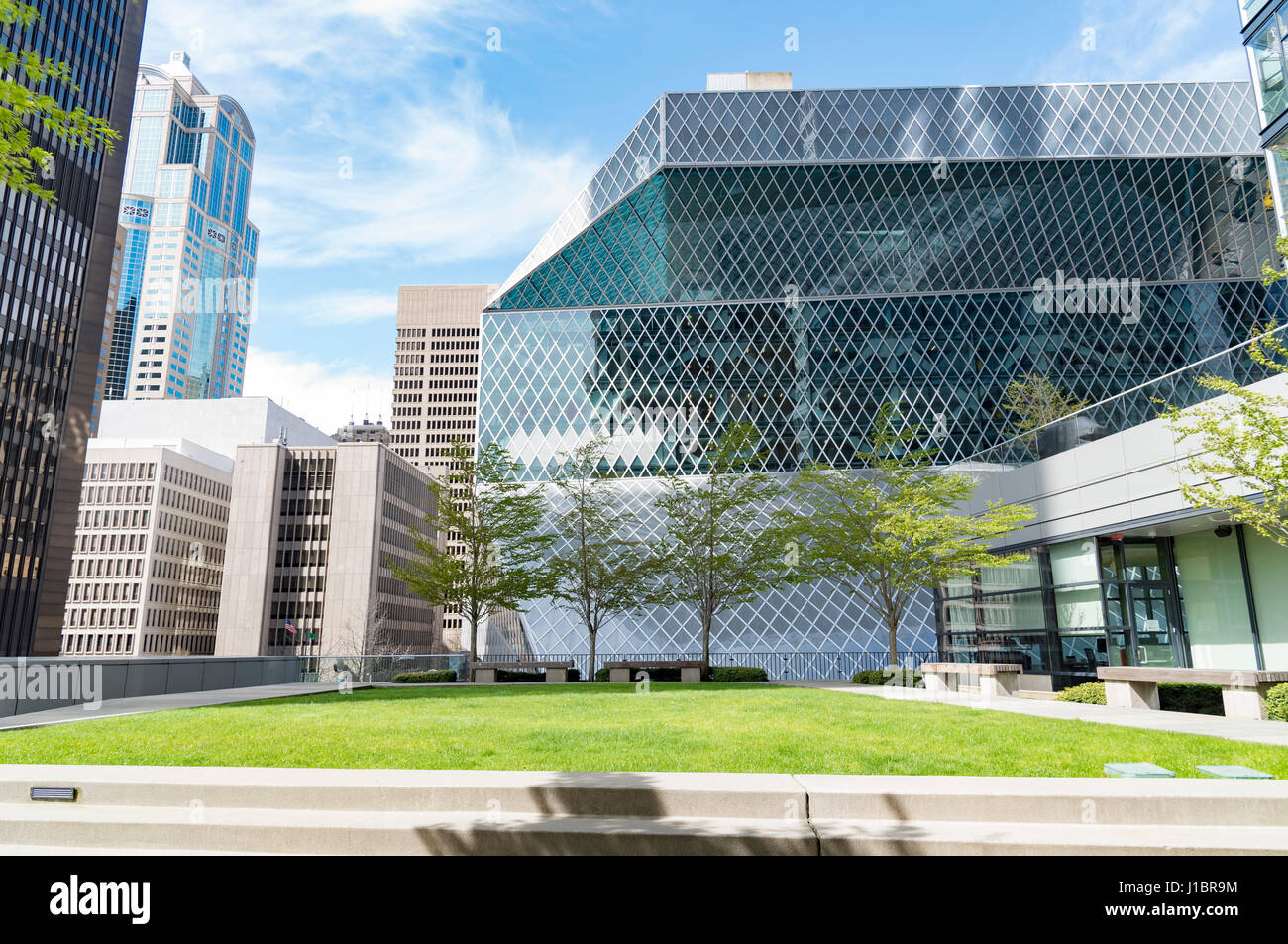 View of Seattle public library from a nearby rooftop garden park Stock Photo