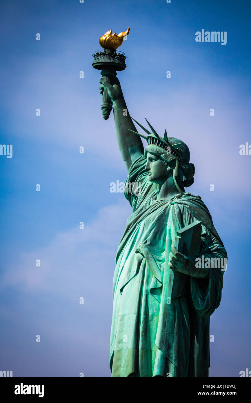 View of the upper portion of the Statue of Liberty in New York Harbor