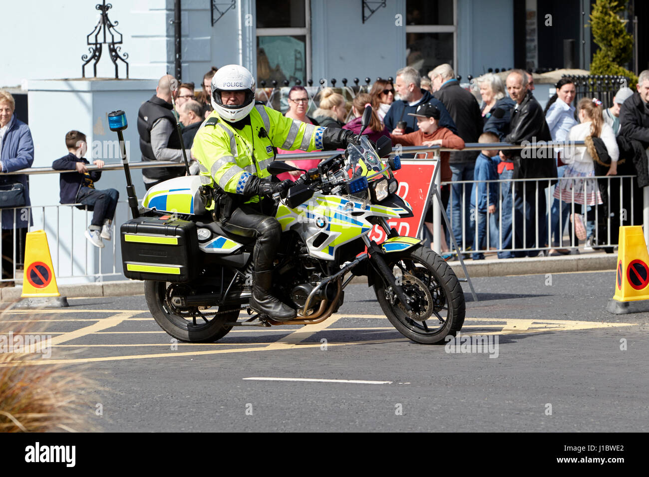 psni police officer traffic police on bmw motorbike northern ireland Stock Photo