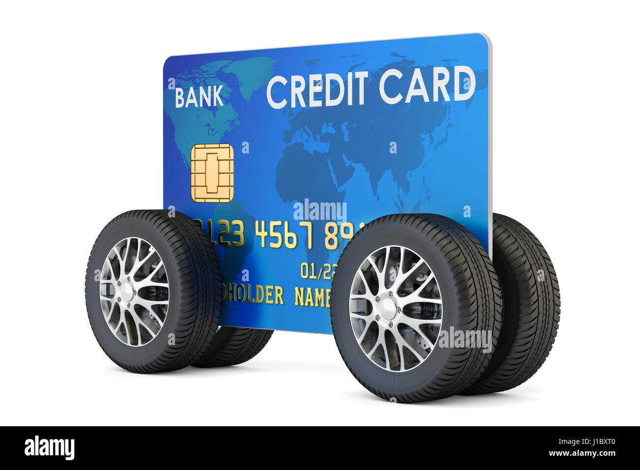 Credit card with car wheels, fast banking service concept. 3D rendering