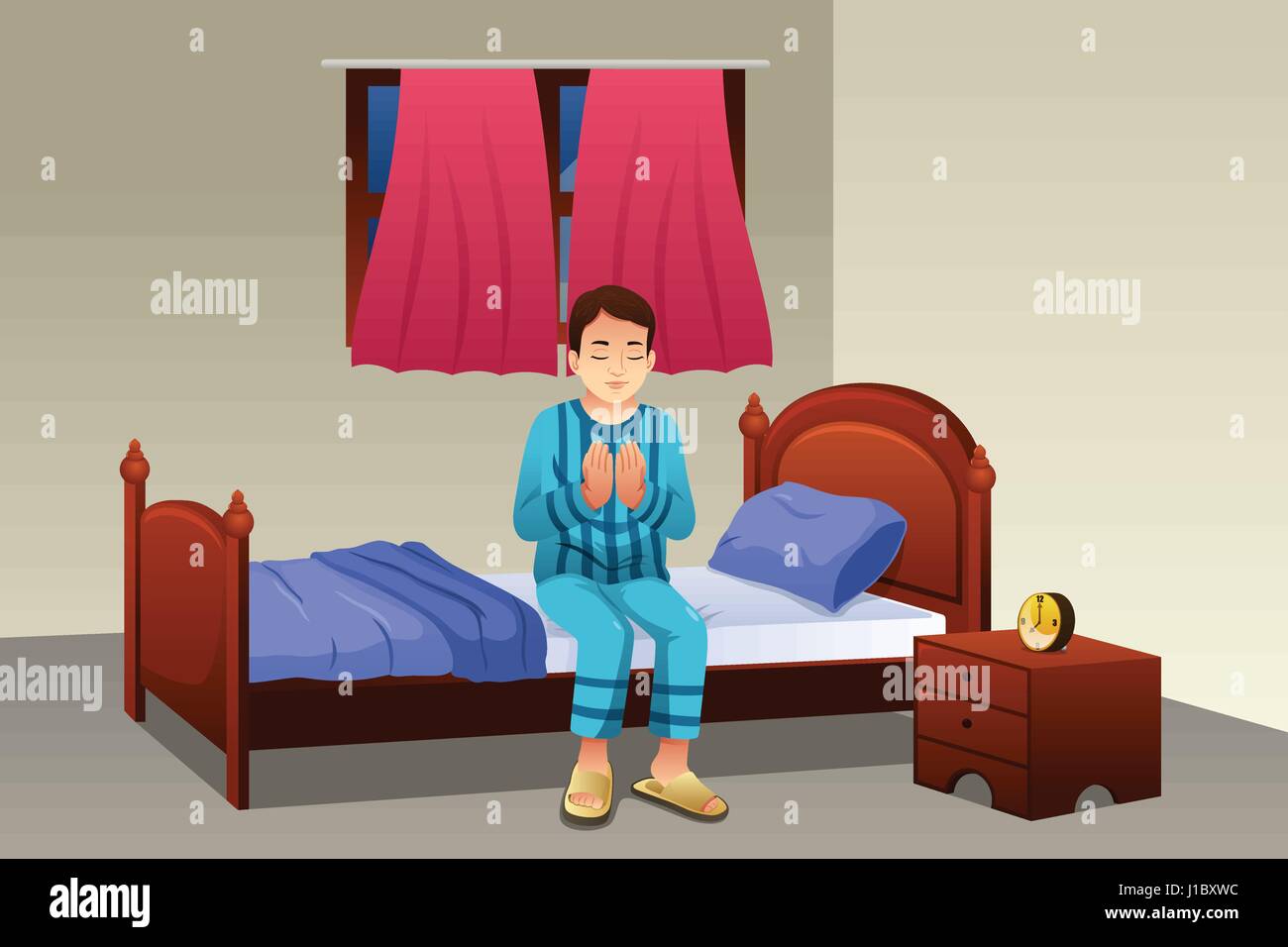 A vector illustration of Muslim Man Praying Before Going to Bed Stock Vector